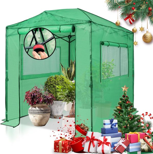 EAGLE PEAK 8x6 Portable, Heavy-Duty, Walk-in Pop-up Greenhouse, Indoor Outdoor Gardening Green House, 2 Roll-Up Zipper Entry Doors and 2 Large Roll-Up Side Windows, Green