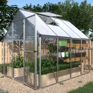 HOWE 6x8 FT Hybrid Polycarbonate Greenhouse 2 Vent Window with Lockable Hinged Door Walk-in Hobby Greenhouse, Aluminum Hot House for Outdoor Garden Backyard Silver