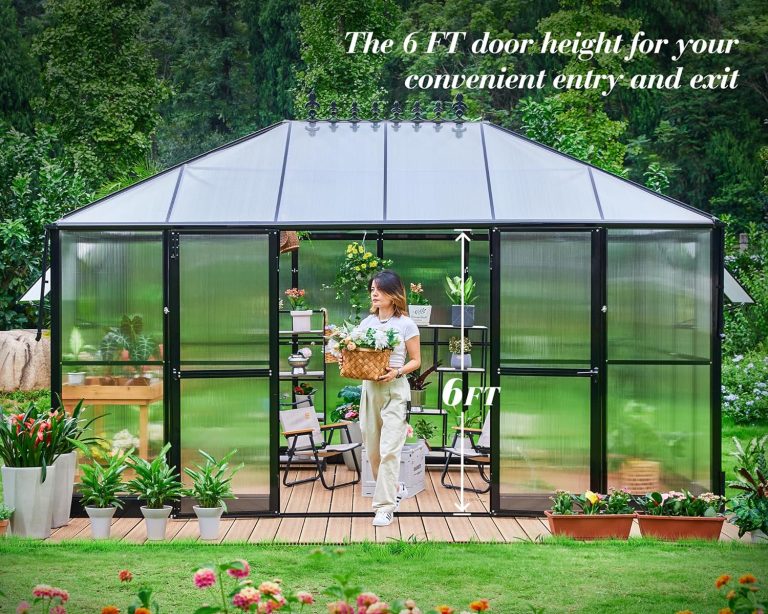 Jocisland 14x9.5x9 FT Greenhouse - Outdoor Aluminum Polycarbonate Greenhouse with 2 Ventilation and Rain Gutter, Double Doors with Hook, Walk in Greenhouse for Outdoors, Garden, Backyard