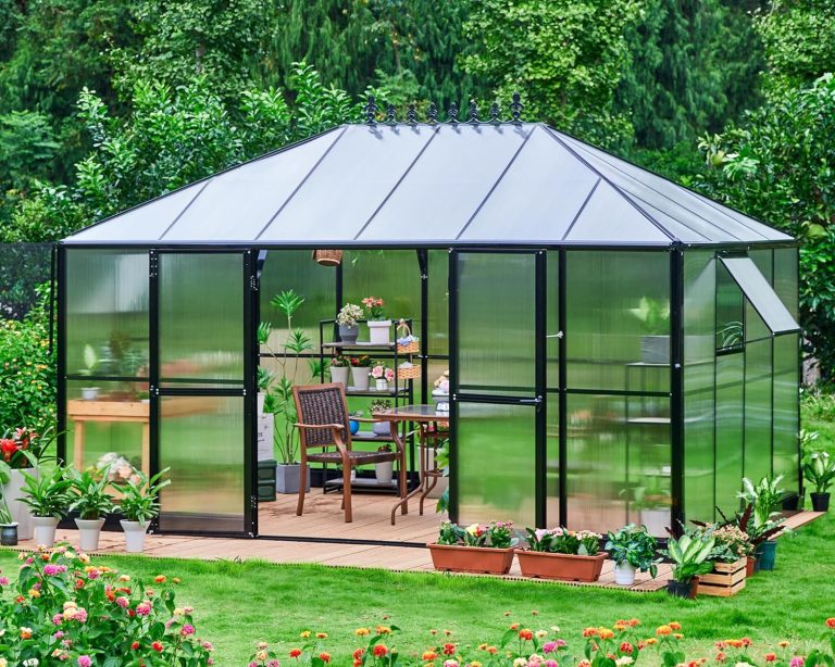 Jocisland 14x9.5x9 FT Greenhouse - Outdoor Aluminum Polycarbonate Greenhouse with 2 Ventilation and Rain Gutter, Double Doors with Hook, Walk in Greenhouse for Outdoors, Garden, Backyard