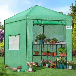 Quictent Walk-in Greenhouse with 2-Layer Storage Rack for Outdoor, 8x6 FT Heavy Duty Portable Pop-up Gardening Green House, Reinforced PE Cover with Screen Windows and Zipper Screen Door, Green